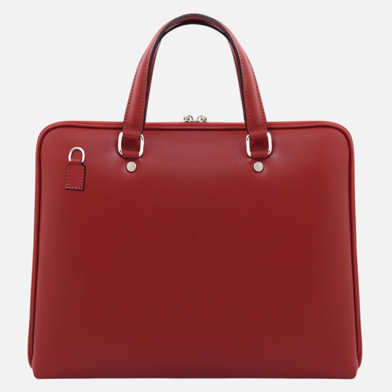 Red leather briefcase with two top handles and silver hardware on a white background