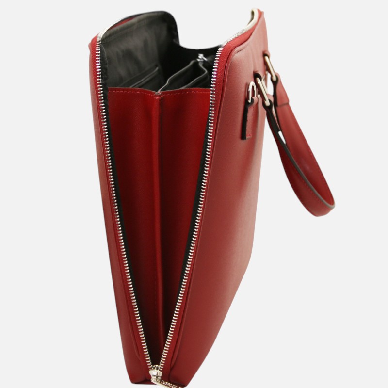 Red leather crossbody bag with top zipper open, showing interior compartments and divider.