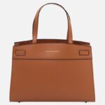Tan leather tote bag with two handles and gold 'TUSCANY LEATHER' branding on the front.