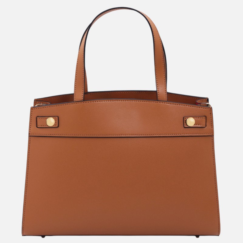 Brown leather tote bag with two top handles and gold stud accents at the corners on a clean background