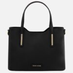 Black leather tote bag with two top handles and gold vertical accents, brand label reads 'Tuscany Leather' on the front.