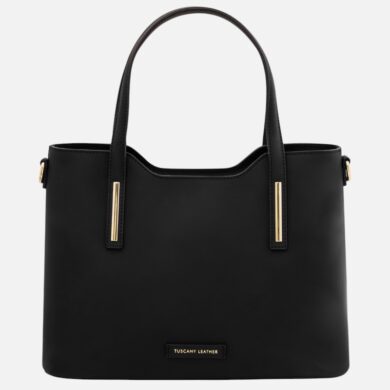 Black leather tote bag with two top handles and gold vertical accents, brand label reads 'Tuscany Leather' on the front.