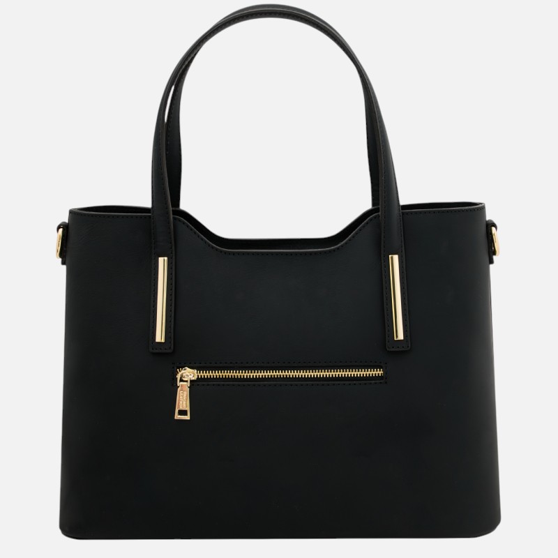 Black leather tote bag with two handles and a gold-tone front zipper pocket.