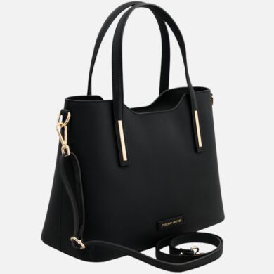 Black leather tote bag with gold-tone hardware and a detachable strap.