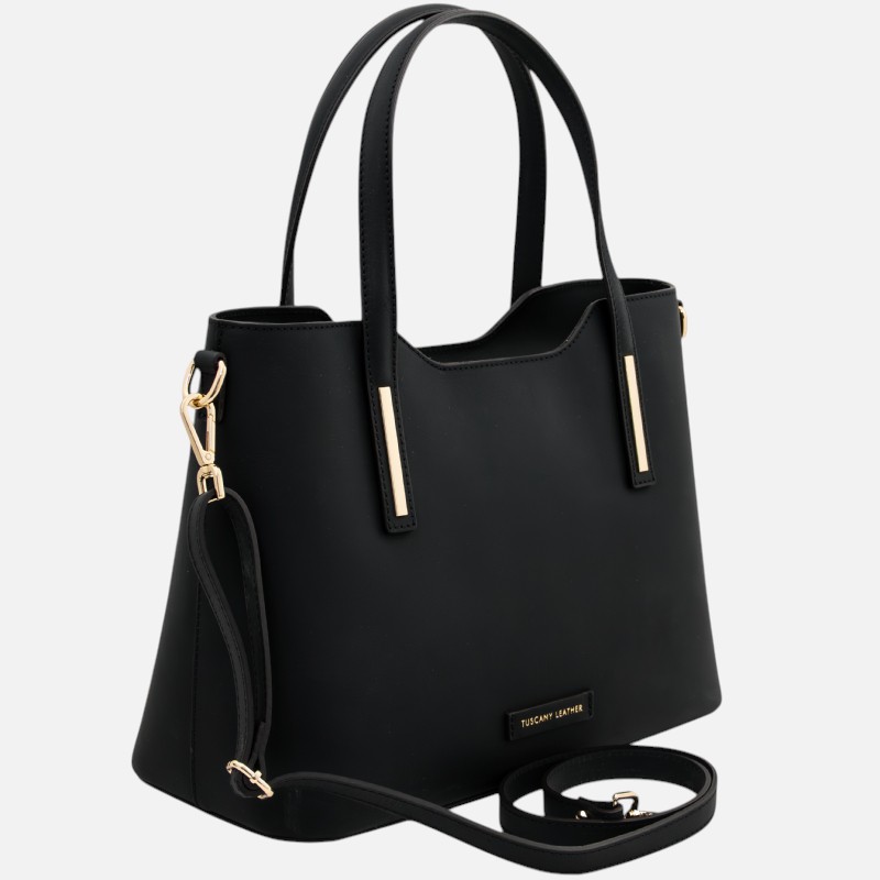 Black leather tote bag with gold-tone hardware and a detachable strap.
