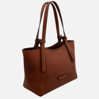 Brown leather tote bag with two shoulder straps and a small brand plaque on the front.