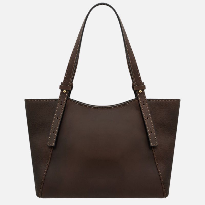 Brown leather tote bag with two shoulder straps and gold-tone hardware, shown from the front