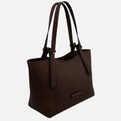 Brown leather tote bag with two top handles and a small brand plaque on the front.