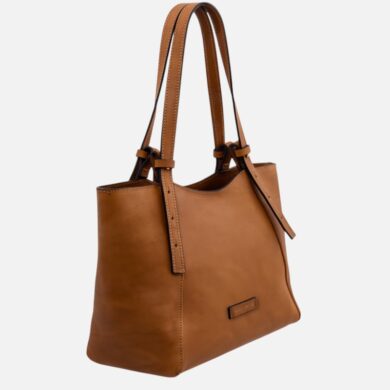 Tan leather tote bag with double top handles and stitching detail