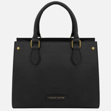 Black handbag with rounded handles and gold hardware, tassel-free, labeled Tuscany Leather at the bottom center.