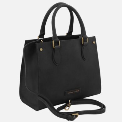 Black handbag with twin top handles and gold-tone hardware, shoulder strap attached, label reads Tuscany Leather in front.
