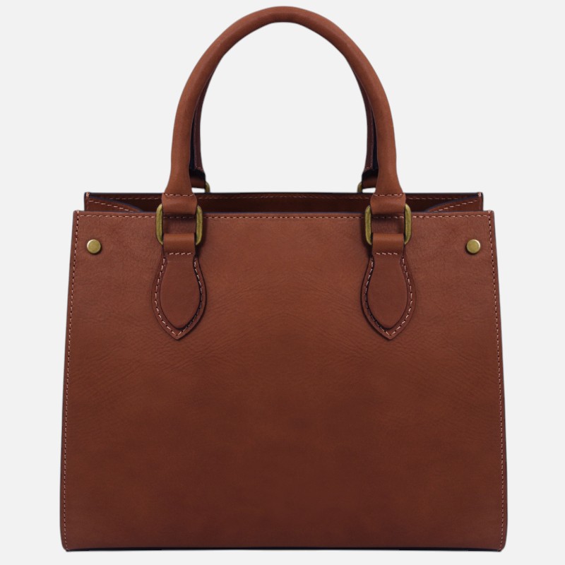 Brown leather tote bag with two sturdy handles and visible stitching, front view on a light background.