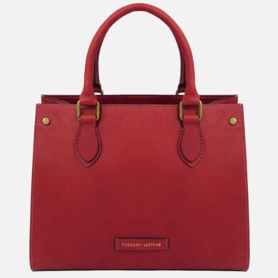 Red handbag with two handles and brass hardware, Tuscany Leather label on the front.