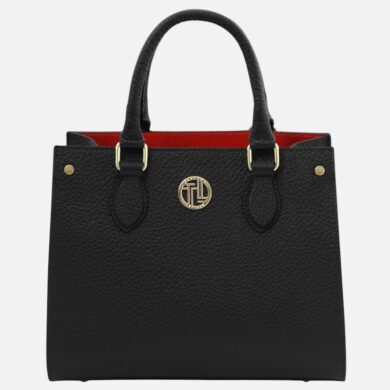 Black pebbled leather handbag with red interior and gold hardware, featuring a circular front logo.