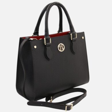 Black textured leather tote bag with two top handles and a detachable shoulder strap, gold hardware, and a circular gold logo on the front.