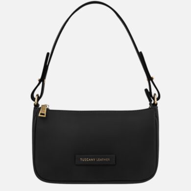 Black leather shoulder bag with gold-tone zipper and small brand plaque reading 'Tuscany Leather' on front tag