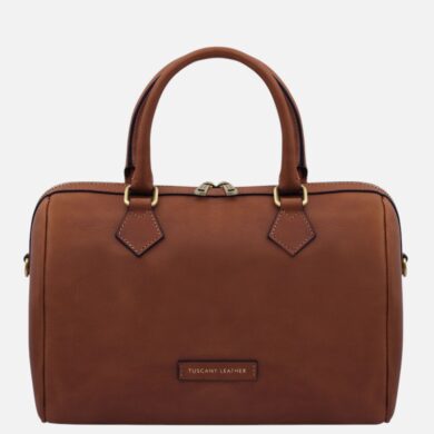 Brown leather handbag with twin top handles and gold-toned hardware, front brand patch reading 'Tuscany Leather'