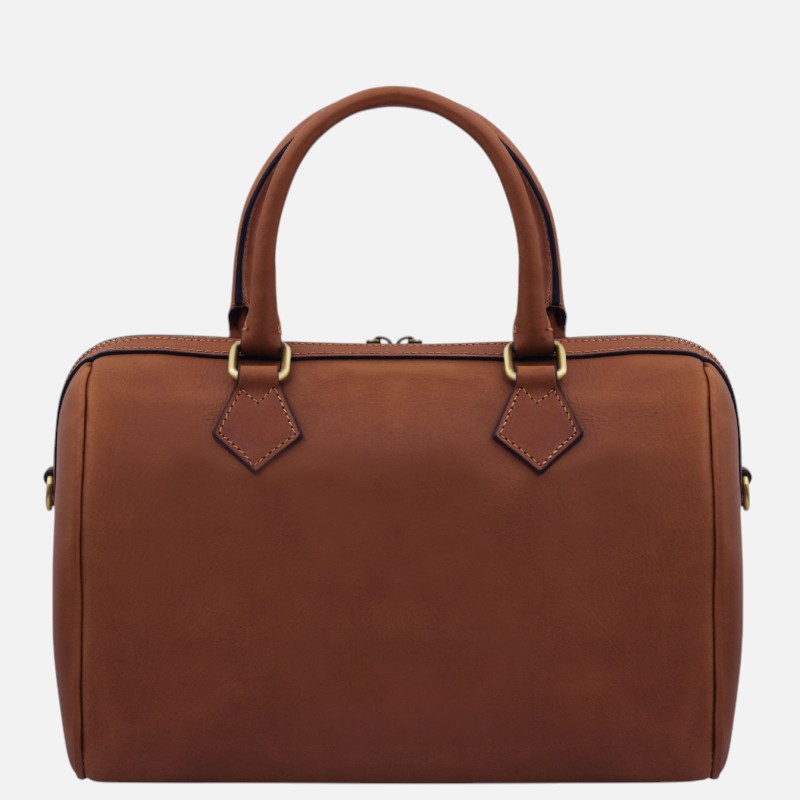 Brown leather handbag with rounded top handles and gold-tone hardware, front view on a plain background, a structured satchel for everyday use.