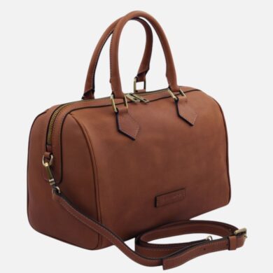 Brown leather handbag with two top handles and a detachable shoulder strap.