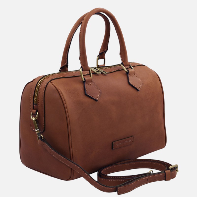 Brown leather handbag with two top handles and a detachable shoulder strap.