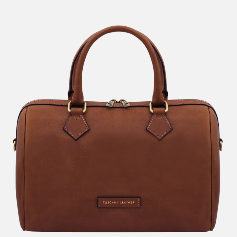 Brown leather handbag with twin top handles and gold-toned hardware, front brand patch reading 'Tuscany Leather'