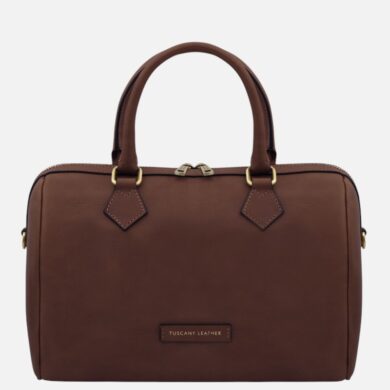 Brown leather handbag with two top handles and brass hardware, labeled Tuscany Leather