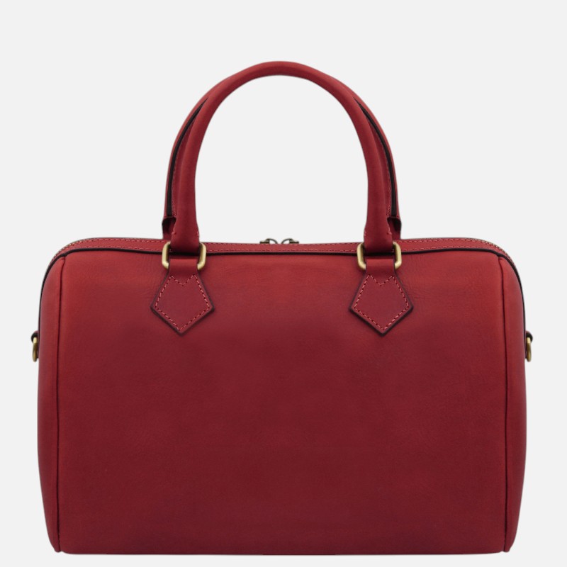 Red leather handbag with top handles and gold hardware on a white background, front view.