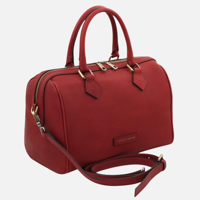 Red leather handbag with two top handles, gold zippers, and an optional long strap for crossbody wear, branded Tuscany Leather