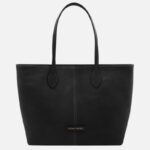 Black leather tote bag with two top handles and center seam, small Tuscany Leather brand tag.