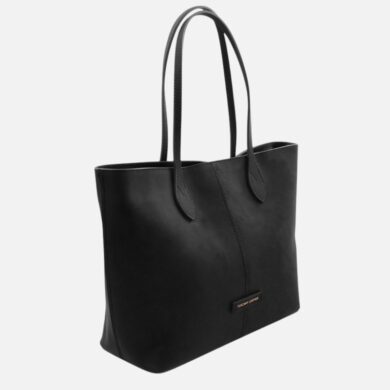 Black leather tote bag with dual handles and subtle stitching, shown at an angled side view.