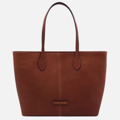 Brown leather tote bag with two top handles and a central seam detail