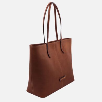Brown leather tote bag with double top handles and subtle stitching for everyday use.