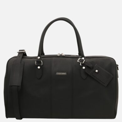Black leather handbag/duffel with two top handles, detachable shoulder strap, and a luggage-tag label on the front.