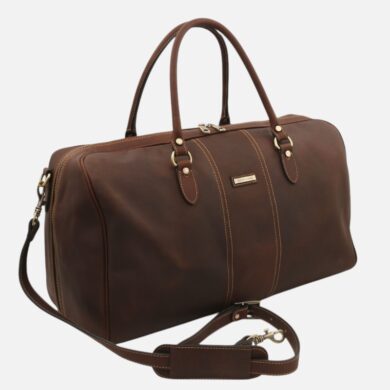 Brown leather duffel bag with two top handles and a detachable shoulder strap.