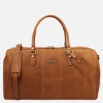 Tan brown leather duffel bag with two top handles, a detachable shoulder strap, and metal hardware, shown against a white background.