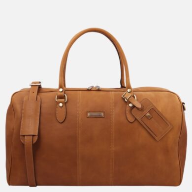 Tan brown leather duffel bag with two top handles, a detachable shoulder strap, and metal hardware, shown against a white background.