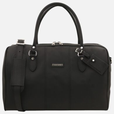 Black leather handbag with two short handles, zip top, detachable shoulder strap, silver hardware, and a metal brand plaque on the front.