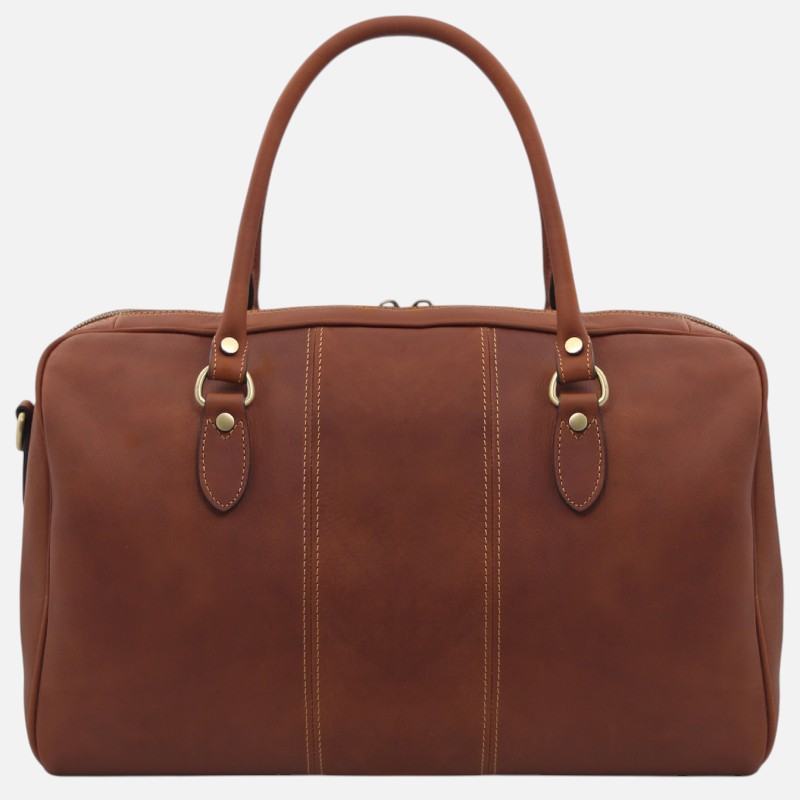 Brown leather handbag/briefcase with two top handles and gold buckle hardware, stitched seams, and a zip closure