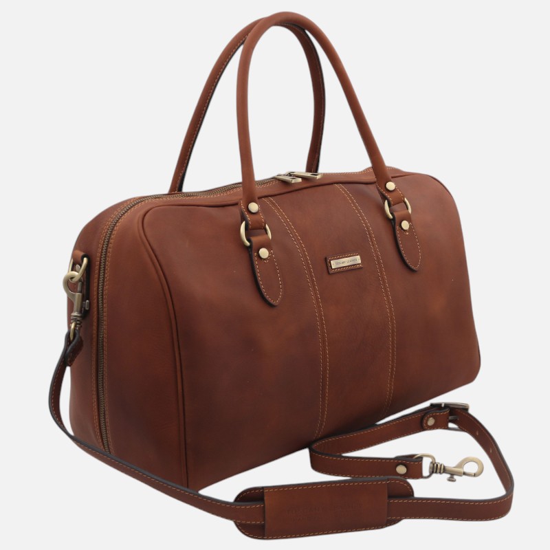 Brown leather duffel-style bag with top handles and a detachable shoulder strap.