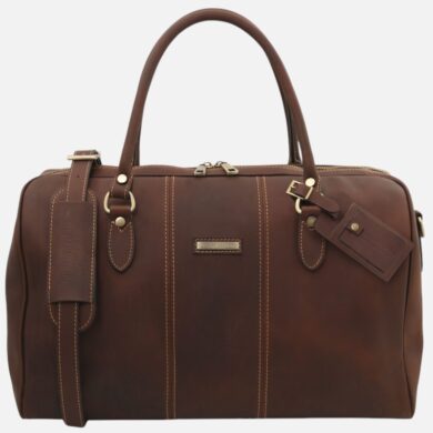 Brown leather duffel bag with top handles, gold hardware, and a detachable shoulder strap.