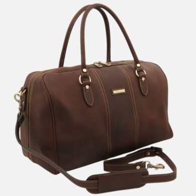 Brown leather duffel bag with double top handles and a detachable strap, gold hardware, and white stitching accents.