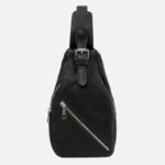 Black leather sling bag with a diagonal zipper and top strap, front view showing metal zippers and stitching detail to emphasize style and storage.