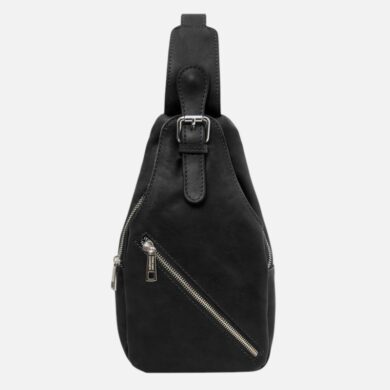 Black leather sling bag with a diagonal zipper and top strap, front view showing metal zippers and stitching detail to emphasize style and storage.