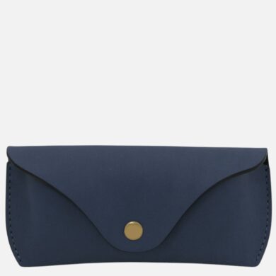 Navy blue envelope-style wallet with a small gold snap button in the center of the flap.