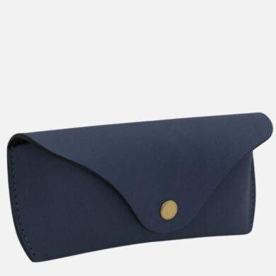 Navy blue envelope-style wallet with a gold snap button on the flap.