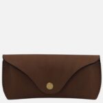 Brown leather envelope-style wallet with a curved flap and brass snap closure.