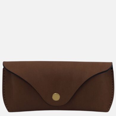 Brown leather envelope-style wallet with a curved flap and brass snap closure.