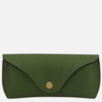 Compact green leather wallet with a curved flap and gold snap button
