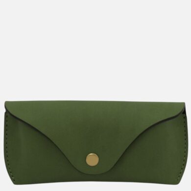 Compact green leather wallet with a curved flap and gold snap button