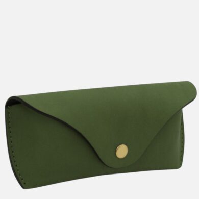 Green leather wallet with a curved flap and gold snap closure